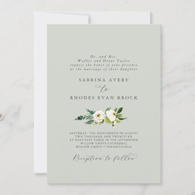 Elegant White Floral | Sage Mint Formal Wedding Invitation (Front)