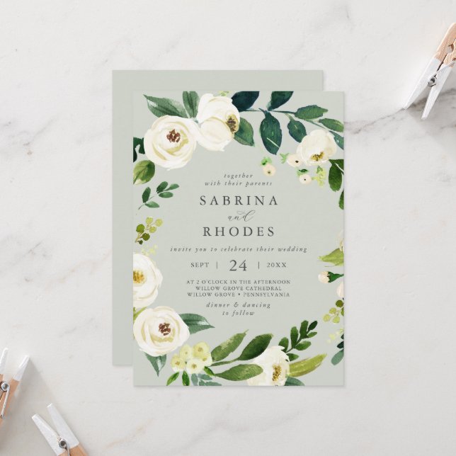Elegant White Floral Sage Mint Front Back Wedding Invitation (Front/Back In Situ)