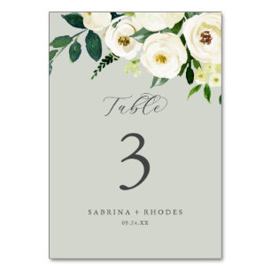 Elegant White Floral   Sage Mint Table Number