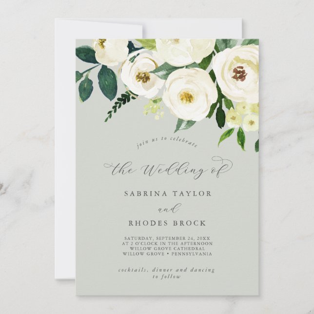 Elegant White Floral | Sage Mint The Wedding Of Invitation (Front)