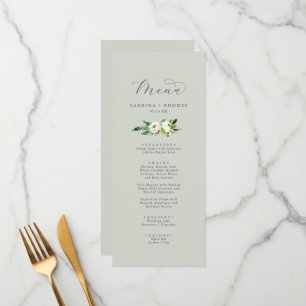 Elegant White Floral Sage Mint Wedding Dinner Menu