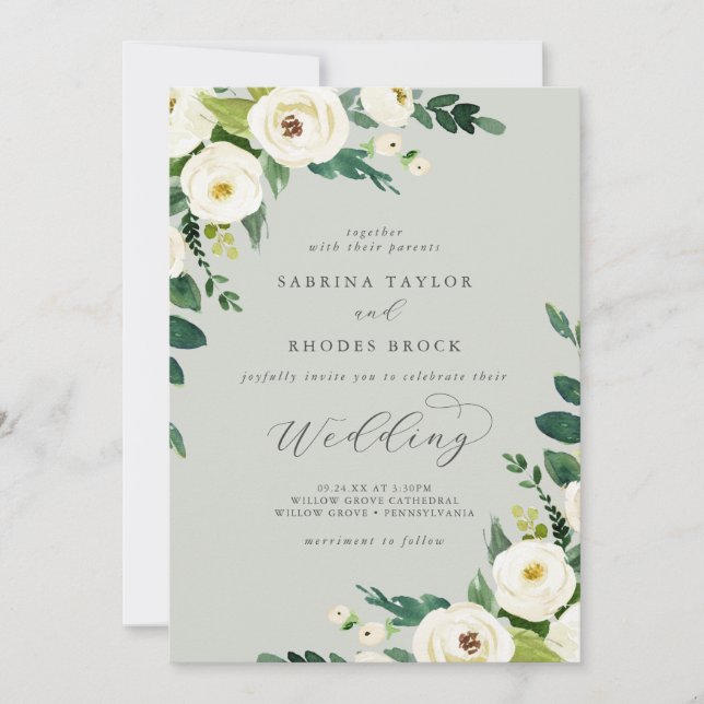 Elegant White Floral | Sage Mint Wedding Invitation (Front)