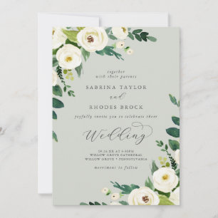 Elegant White Floral Sage Mint Wedding Invitation