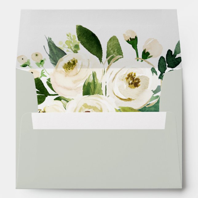 Elegant White Floral Sage Mint Wedding Invitation Envelope (Back (Bottom))