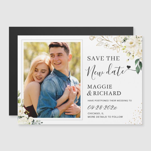 Elegant White Floral Save the New Date Magnet (Front/Back)