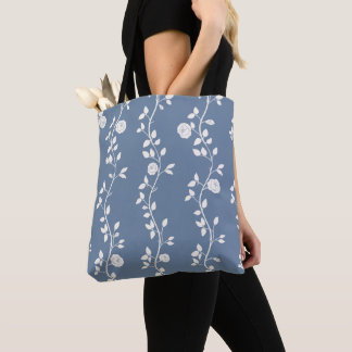 Elegant White Floral Vine Pattern Dusty Blue Tote Bag