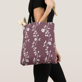Elegant White Floral Vine Pattern Mauve Tote Bag
