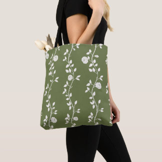 Elegant White Floral Vine Pattern Sage Green Tote Bag