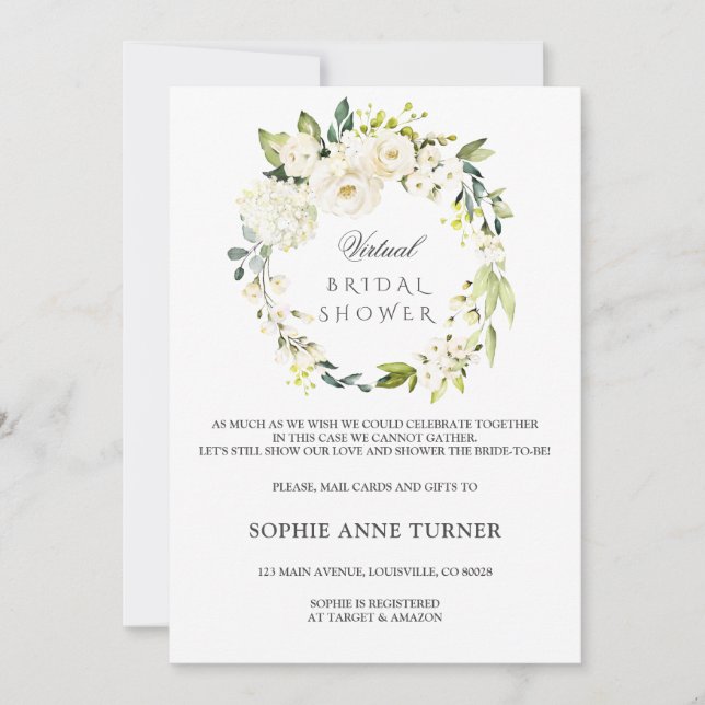Elegant White Floral Virtual Bridal Shower By Mail Invitation (Front)