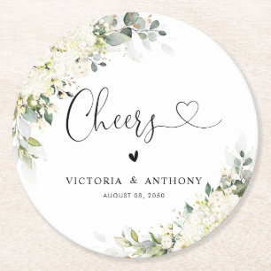 Elegant White Floral Wedding Cheers Round Coaster
