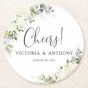Elegant White Floral Wedding Cheers Round Coaster