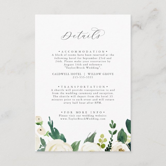 Elegant White Floral Wedding Details Enclosure Card (Front)