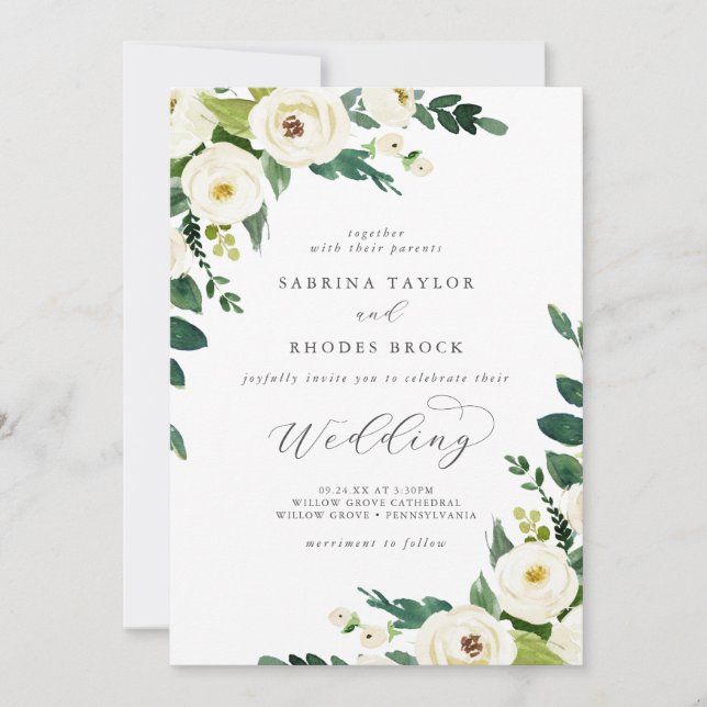 Elegant White Floral Wedding Invitation (Front)