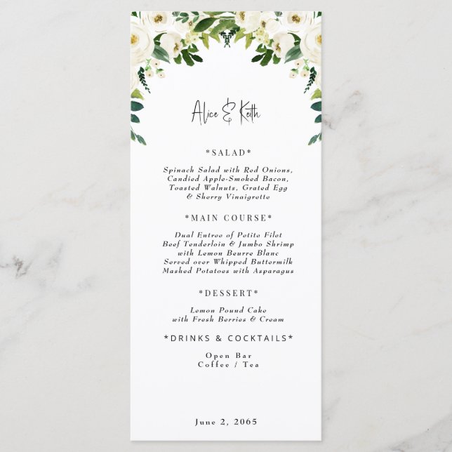 Elegant White Floral Wedding Menu (Front)
