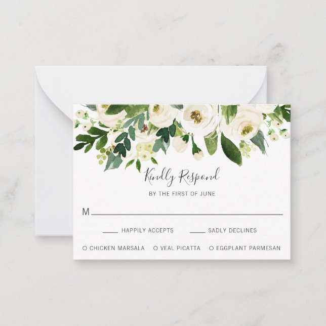 Elegant White Floral Wedding Mini RSVP Card (Front)