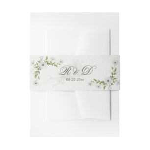 Elegant White Floral Wedding Monogram Invitation Belly Band
