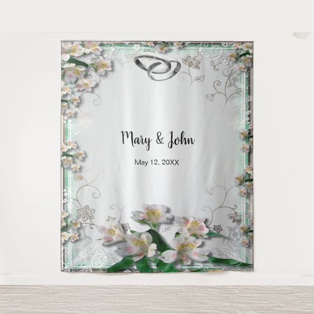 Elegant White Floral Wedding Photo Backdrop Tapestry (Front)