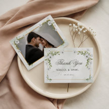 Elegant White Floral Wedding Photo Thank You Card