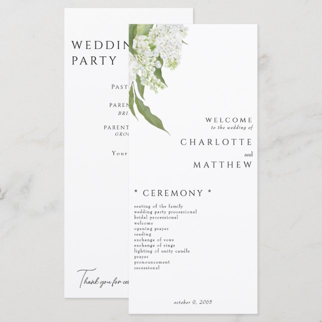 Elegant White Floral Wedding Program Menu (Front/Back)