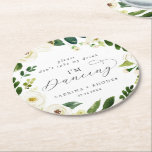 Elegant White Floral Wedding Reception I'm Dancing Round Paper Coaster<br><div class="desc">This elegant white floral wedding reception "please don't take my drink I'm dancing" coaster is perfect for a classic wedding reception. The modern vintage design features beautifully romantic ivory and cream watercolor rose and peony flowers with dark green leaves,  greenery and botanicals.</div>