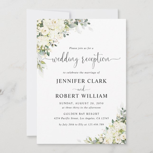 Elegant White Floral Wedding Reception Invitation (Front)