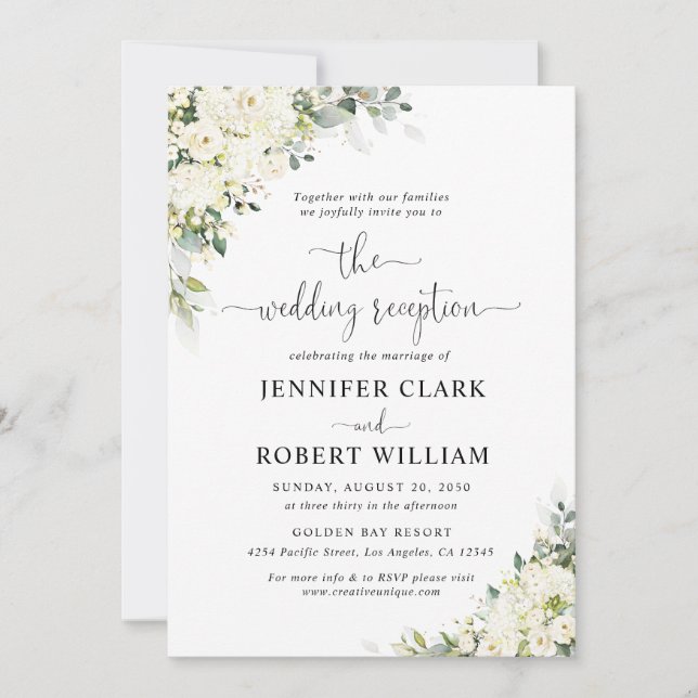 Elegant White Floral Wedding Reception Invitation (Front)