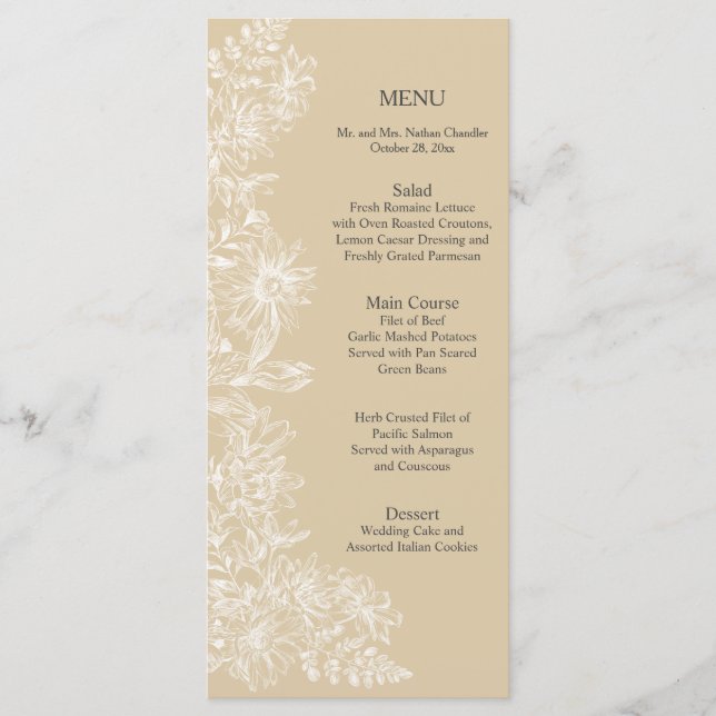 Elegant White Floral Wedding Reception Menu (Front)