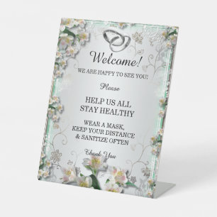 Elegant White Floral Wedding Safety  Pedestal Sign