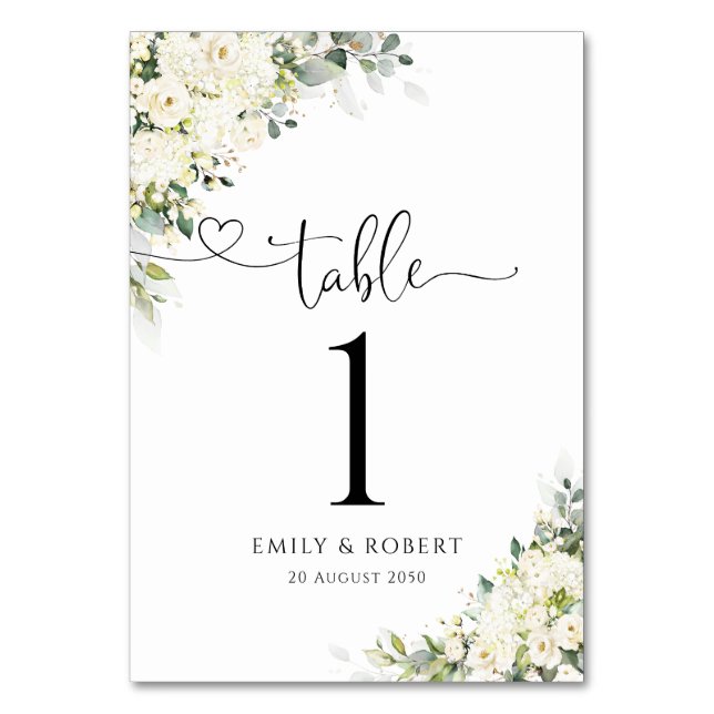 Elegant White Floral Wedding Table Numbers (Front)