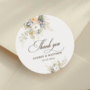 Elegant White Floral Wedding thank you Classic Round Sticker