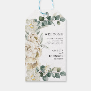Elegant white floral wedding welcome favour  gift tags