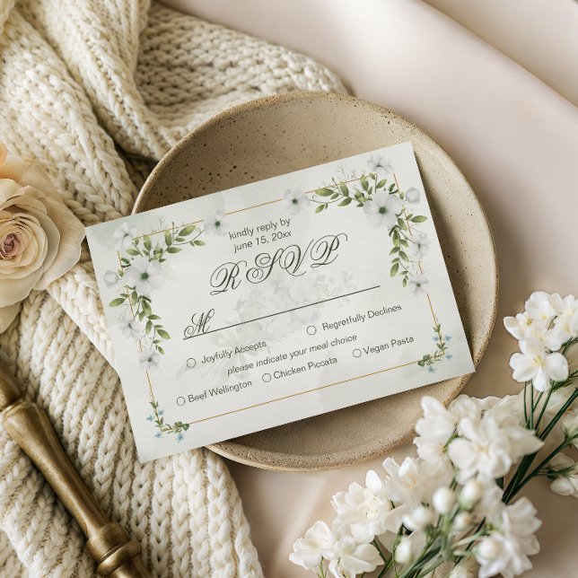 Elegant White Floral Wedding with Meal Choice RSVP Card (Creator Uploaded)