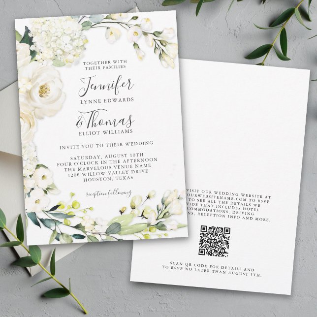 Elegant White Floral Wedding with QR code Invitation (Available in printed or paperless digital download!)