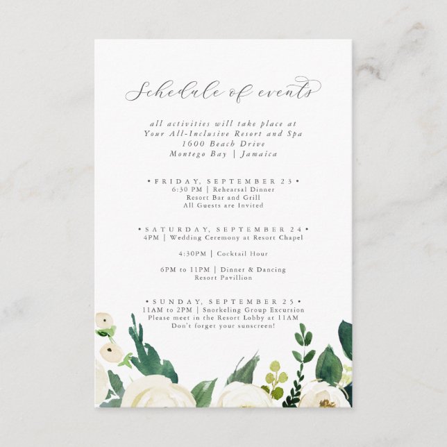 Elegant White Floral Weekend Schedule of Events Enclosure Card (Front)
