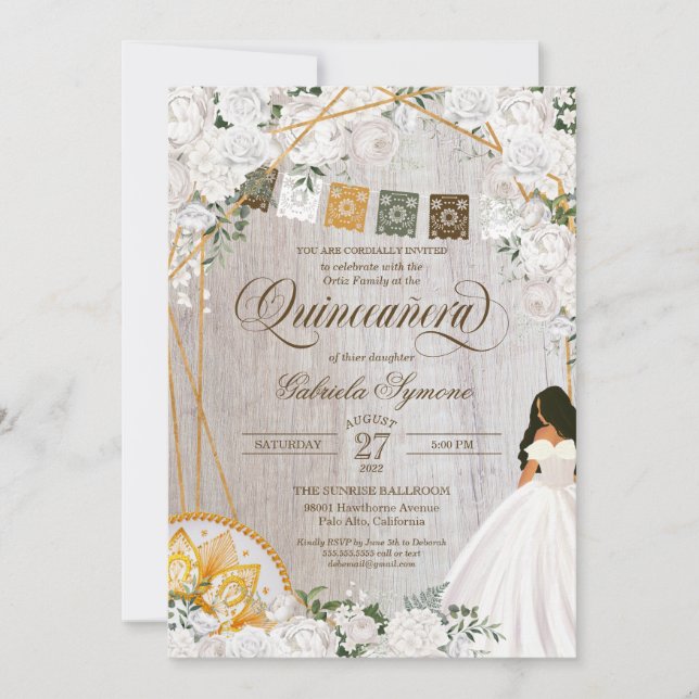 Elegant White Floral Western Charro Quinceanera Invitation (Front)