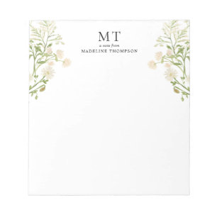 Elegant White Floral Wildflower Classic Monogram Notepad