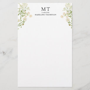Elegant White Floral Wildflower Classic Monogram Stationery