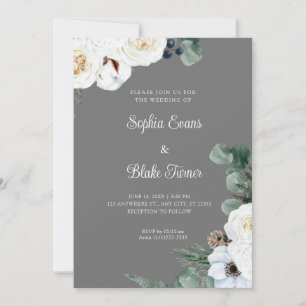Elegant White Floral with Greenery Grey Wedding Invitation