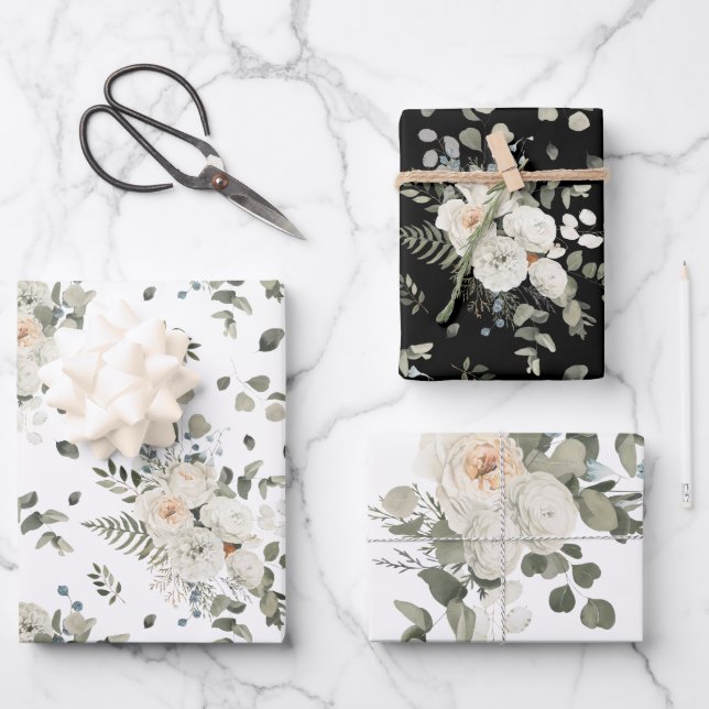 Elegant White Floral Wrapping Paper Sheets (Front)