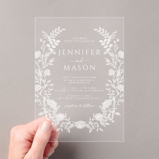 Elegant White Floral Wreath Bohemian Wedding Acrylic Invitations (Insitu (Handheld))