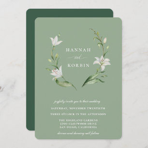 Elegant White Floral Wreath Sage Green Wedding Invitation
