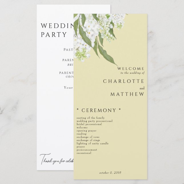Elegant White Floral Yellow Wedding Program Menu (Front/Back)