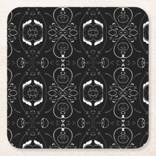 Elegant White Flourishes & Embellishments on Black Square Paper Coaster