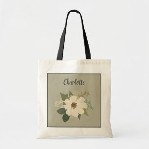Elegant White Flower Custom Bridesmaid Name Tote Bag