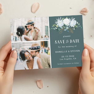 Elegant white flower eucalyptus 2 photos wedding save the date