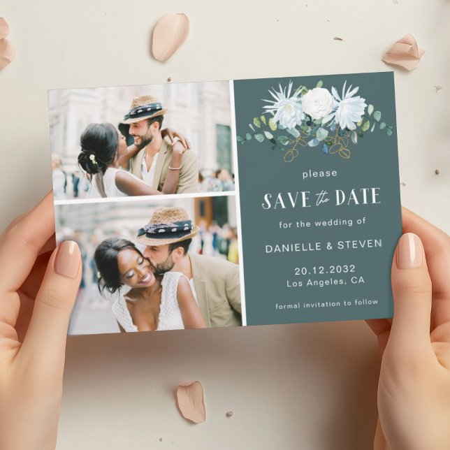 Elegant white flower eucalyptus 2 photos wedding save the date (Creator Uploaded)