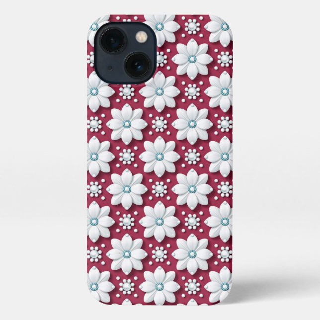 Elegant White Flower Pattern on Deep Magenta iPhone Case (Back)