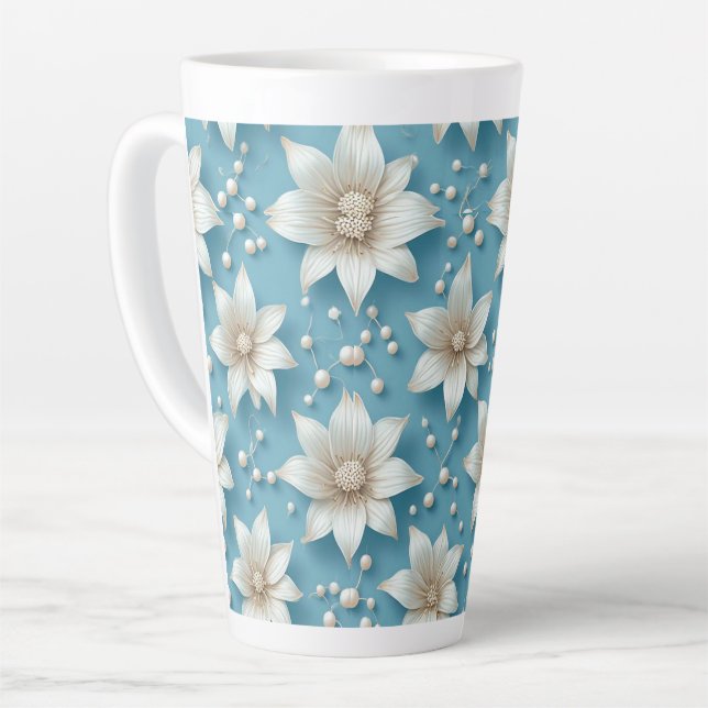 Elegant White Flower Pattern With Pearls Latte Mug (Left Angle)
