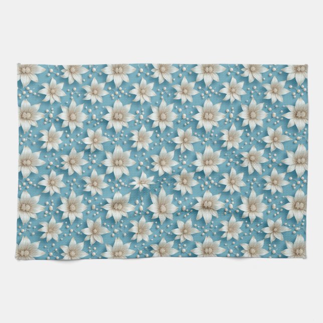 Elegant White Flower Pattern With Pearls Tea Towel (Horizontal)