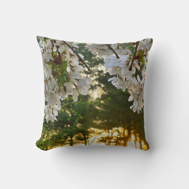 Elegant white flowering tree sunrise pine trees cushion (Front)